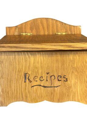 Vintage Handcrafted Wooden Recipe Box With Hinged Lid And Decorative